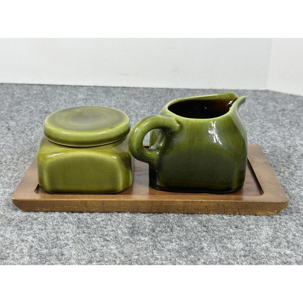 MCM Square Cubistic Design Style Green Glaze Coffee Cream & Sugar Set Wood Tray